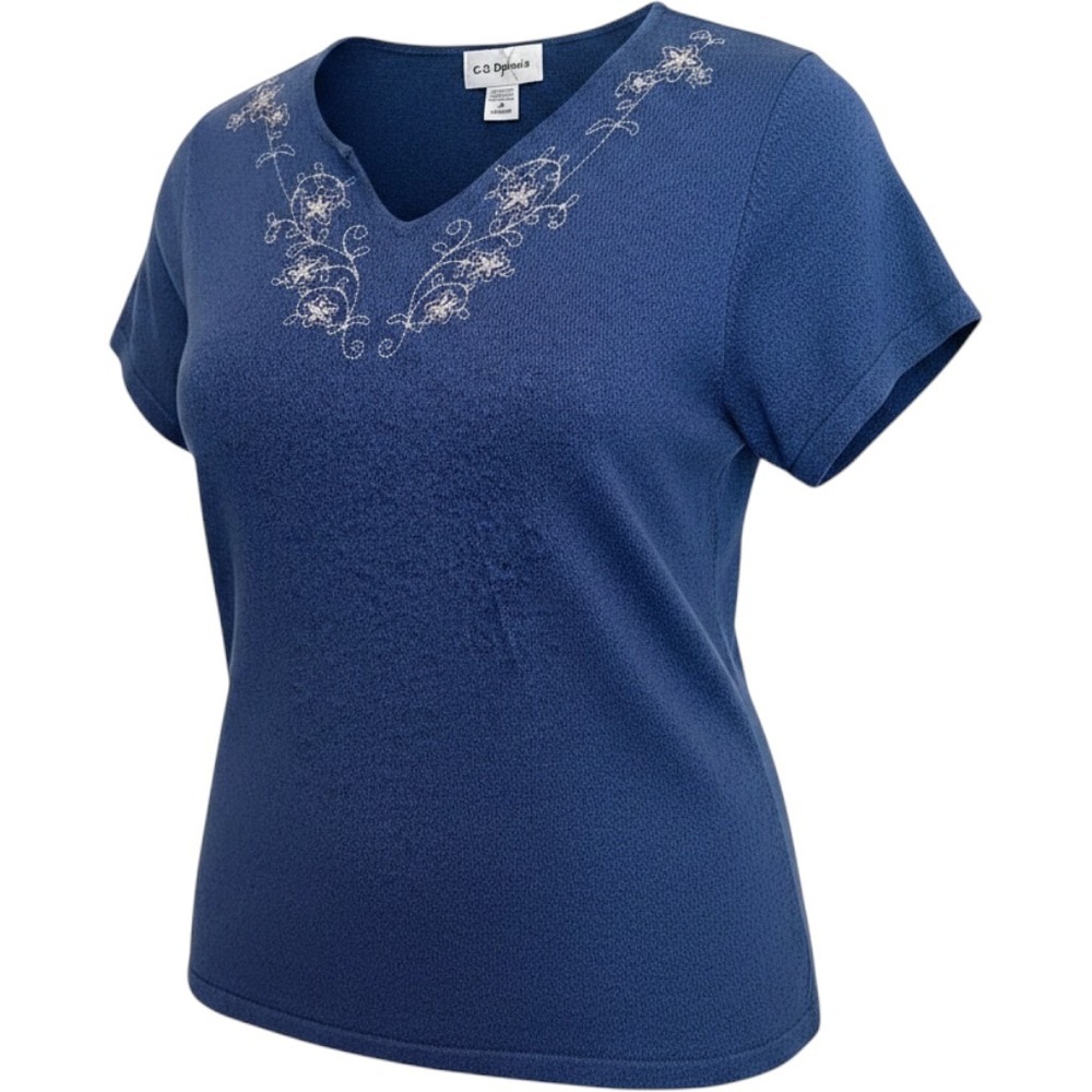 C.D. Daniels Blue Knit Sweater Top Floral Embroidered Rhinestone V-Neck 3X Women